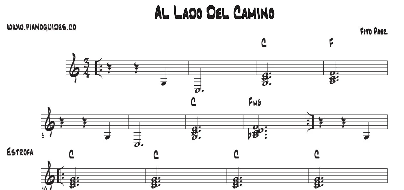 Título y tres primeras líneas de la guía de Al Lado Del Camino (Fito Páez)