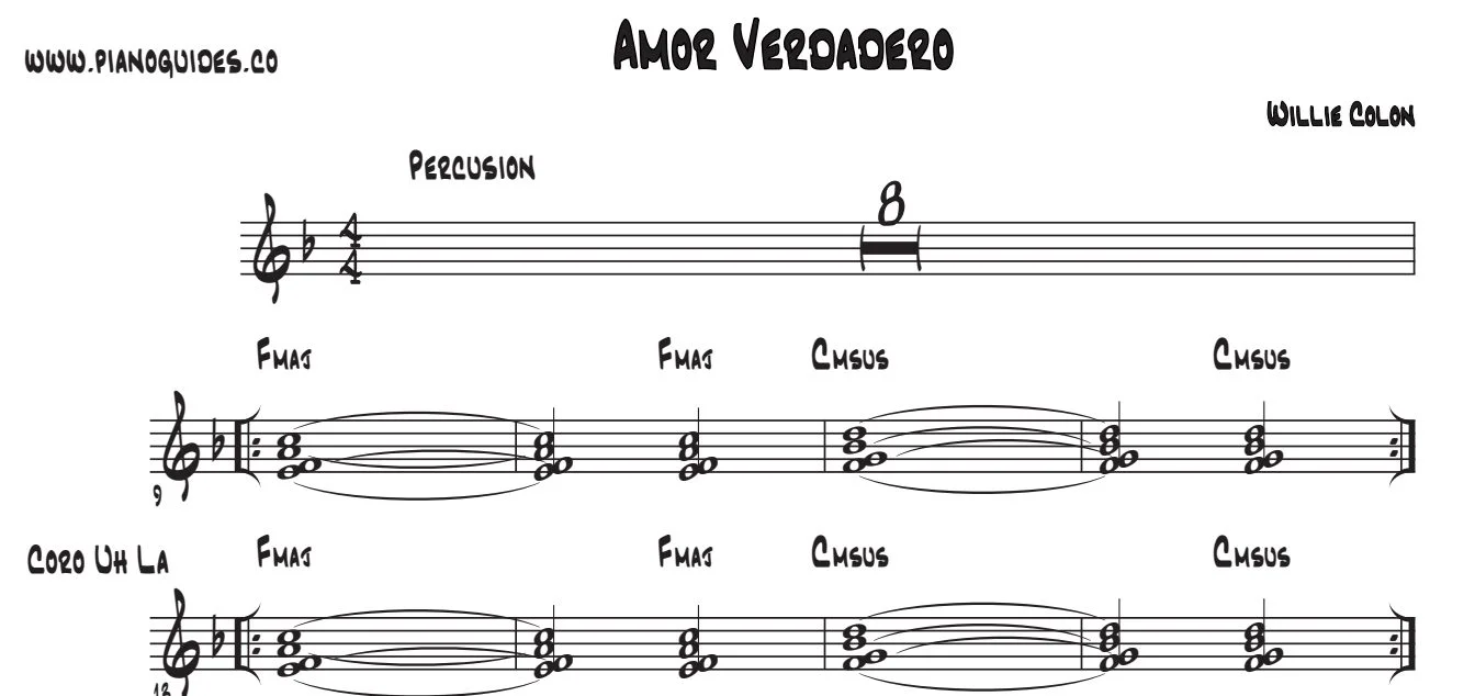 Título y tres primeras líneas de la guía de Amor Verdadero (Willie Colón)