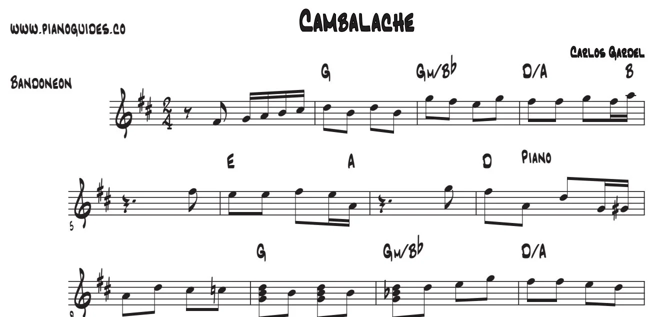 Título y tres primeras líneas de la guía de Cambalache (Carlos Gardel)