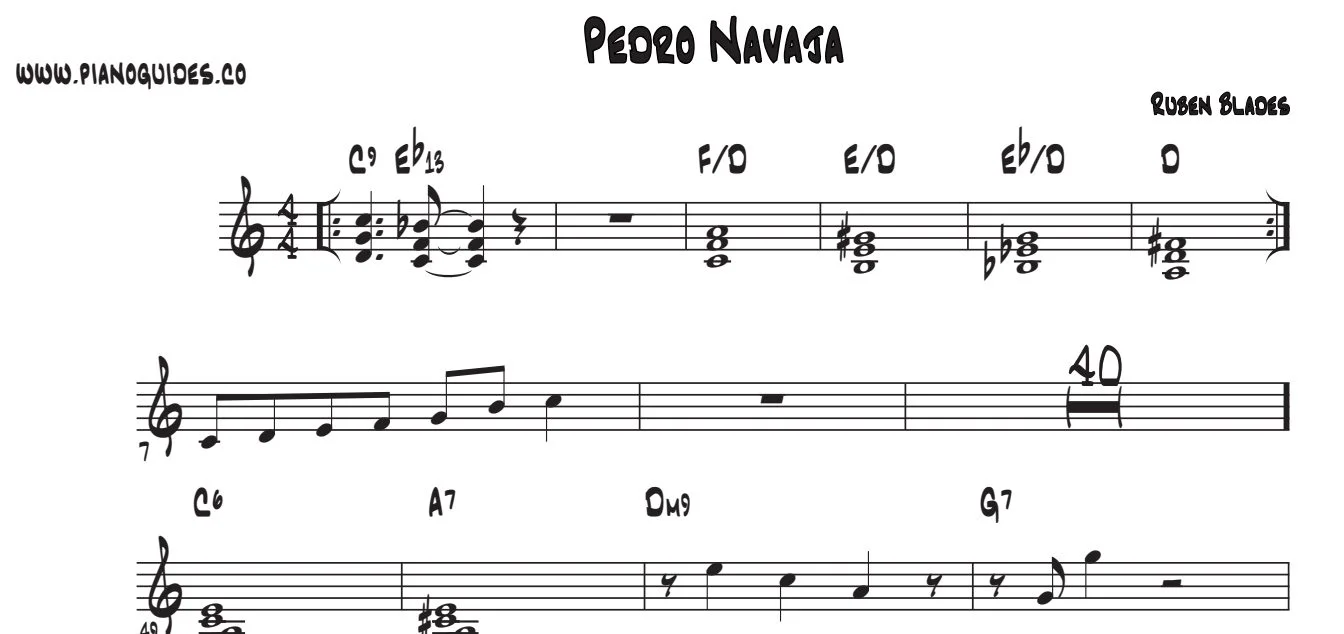 Título y tres primeras líneas de la guía de Pedro Navaja (Rubén Blades)