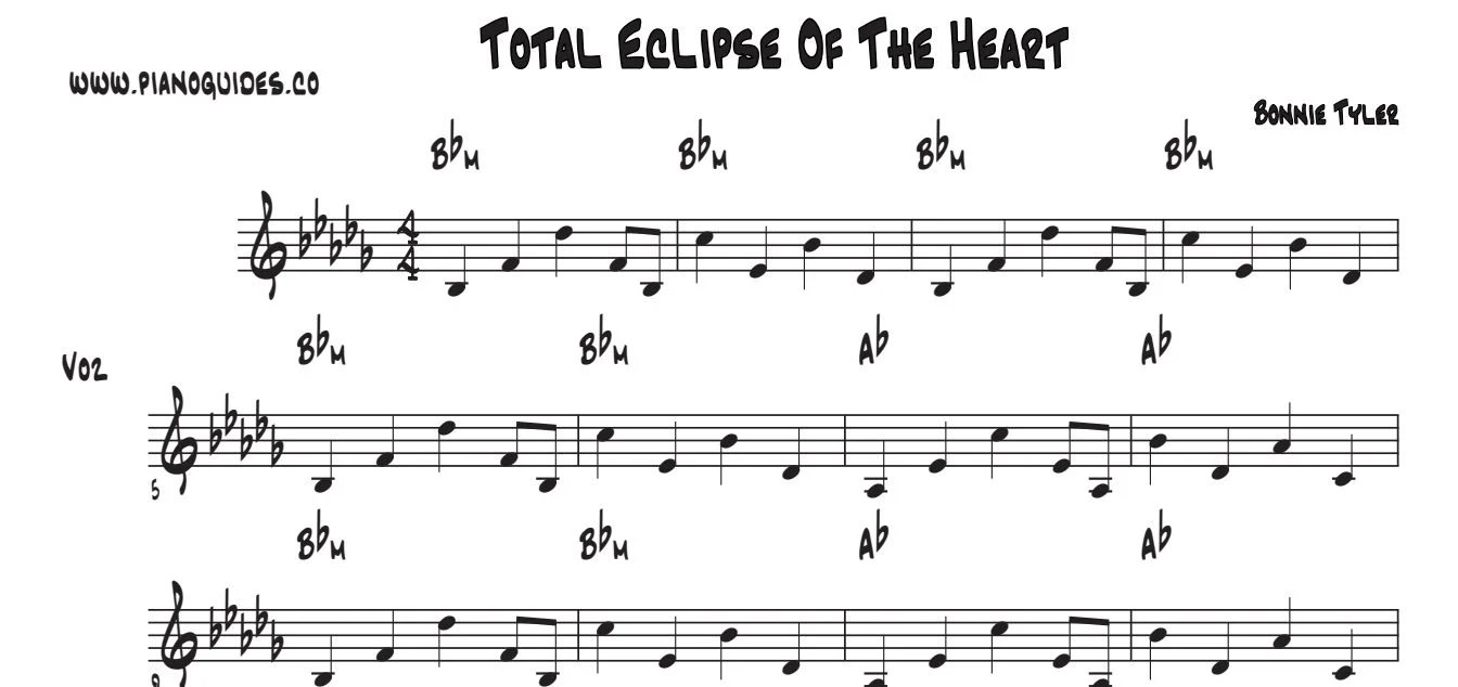 Título y tres primeras líneas de la guía de Total Eclipse Of The Heart (Bonnie Tyler)